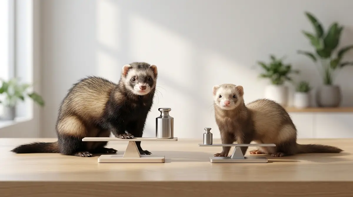 フェレットの一般的な体重レンジの目安は、成体オス約1〜2kg、成体メス約0.65〜0.95kg(資料によりメスは約1.2kgまで)です。